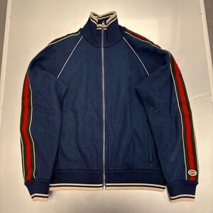 Gucci Blue Zip-Up Track Jacket Web Stripe GG Patch Designer Jacket